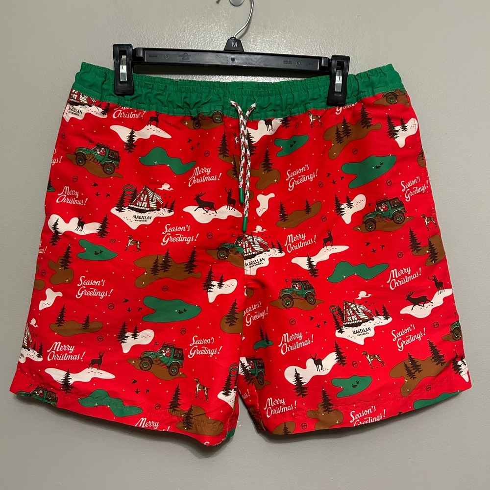 Magellan Outdoors Swim Trunks M Red Christmas Festive Fish Gear Water Repellent